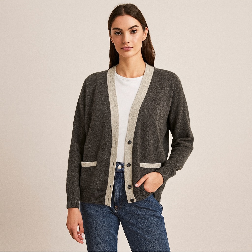 Rare 1940s 1950s Jantzen Deadstock Lambswool Cardigan Gray Contrast Trim M
